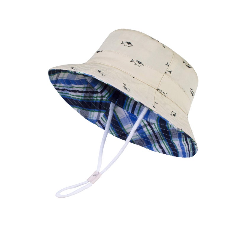 LANGZHEN Sun Protection Hat for Kids Toddler Boys Girls Wide Brim Summer Outdoor hat Cotton Baby Bucket Hat with Chin Strap (Beige - Fish, M: 1T-2T (50cm /19.7")) - Image 1